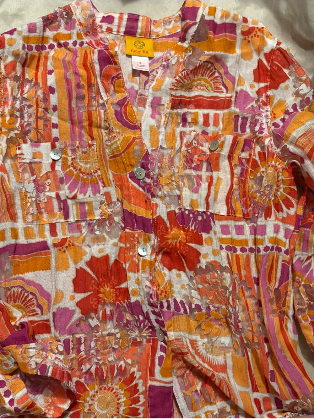 Ruby Rd. Vibrant Floral Patchwork Button-Down Top in Orange, Pink & White